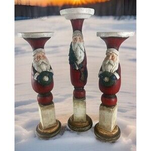 OLD WORLD STYLE Santa Claus Tiered Candle Holders Set Of 3 Rustic Christmas Vtg